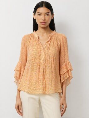Vince Camuto NWT Orange Abstract Print Ruffle Bell Sleeve Blouse Top Size S Boho